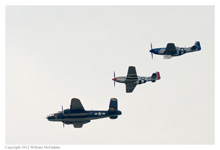 B-25J Mitchell 'Champaign Gal' & P-51D Mustangs 'Gentleman Jim' & 'Petie 2nd' at Grimes Field, Urbana, Ohio, on April 15, 2012